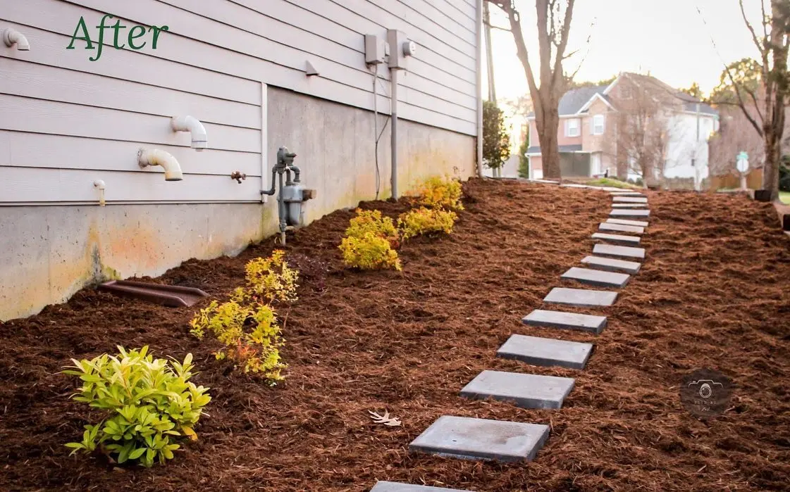 Fresh mulch bed with stepping-stone walkway