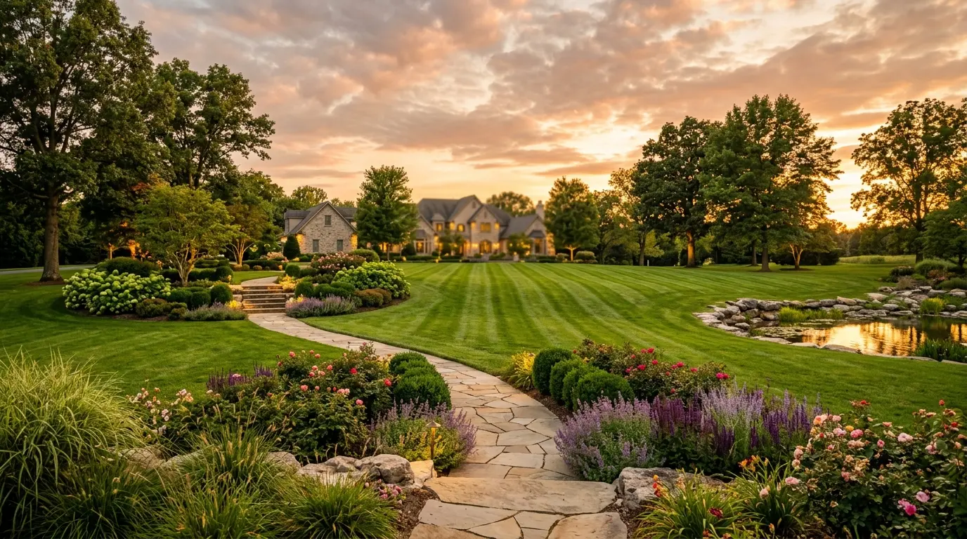 Expansive manicured lawn and garden at golden hour