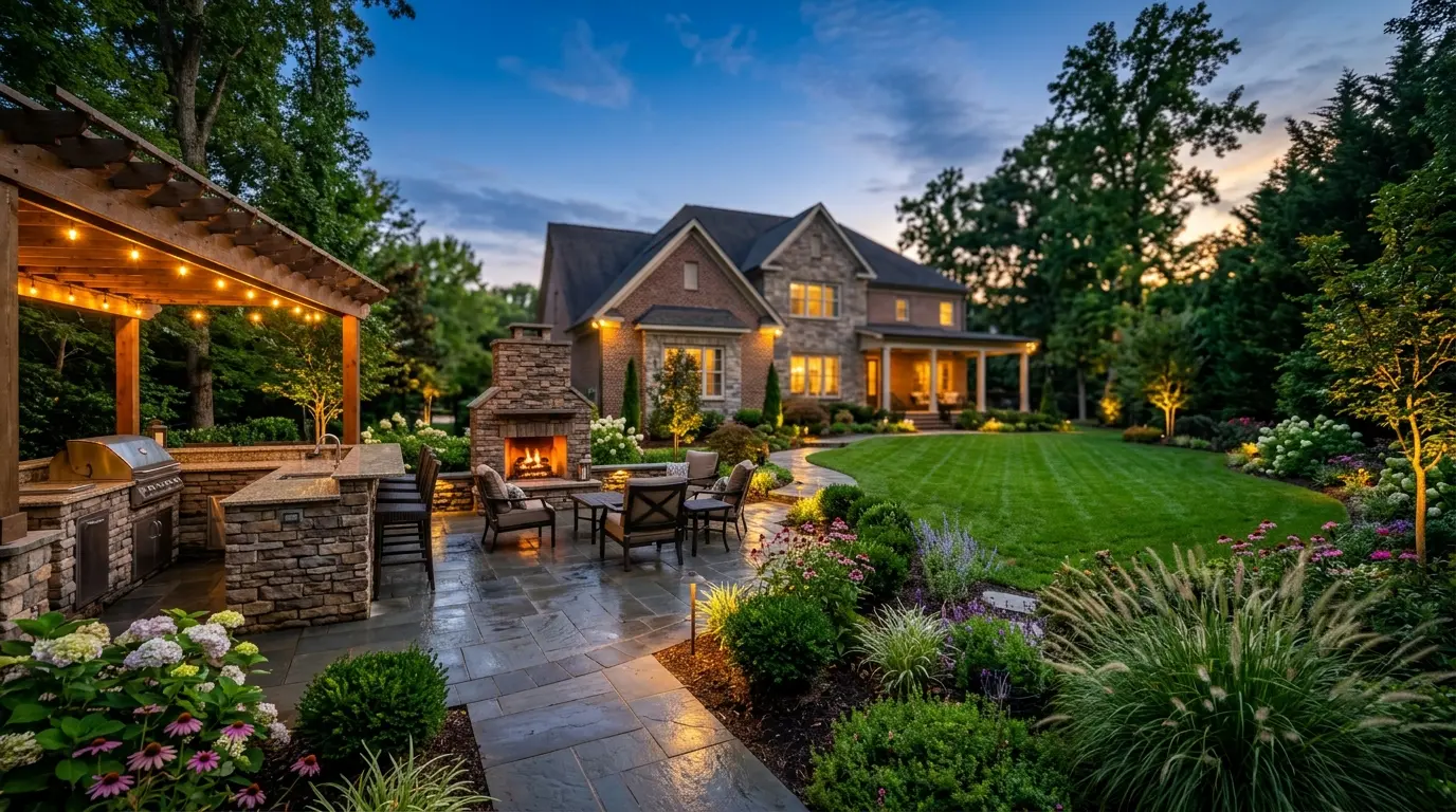 Luxury landscaped backyard with paver patio and outdoor living space at twilight